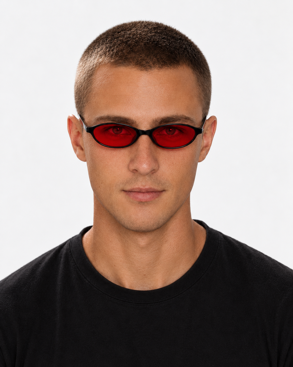 Oval Sunglasses in gloss black with cherry red lenses, worn by a man