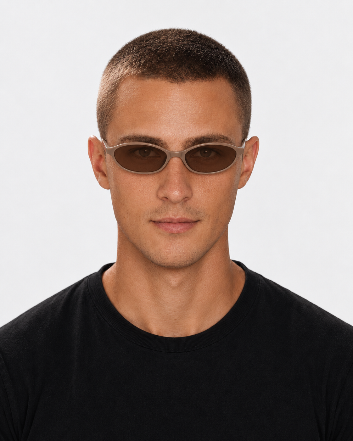 Oval Sunglasses in taupe with brown lenses, worn by a man
