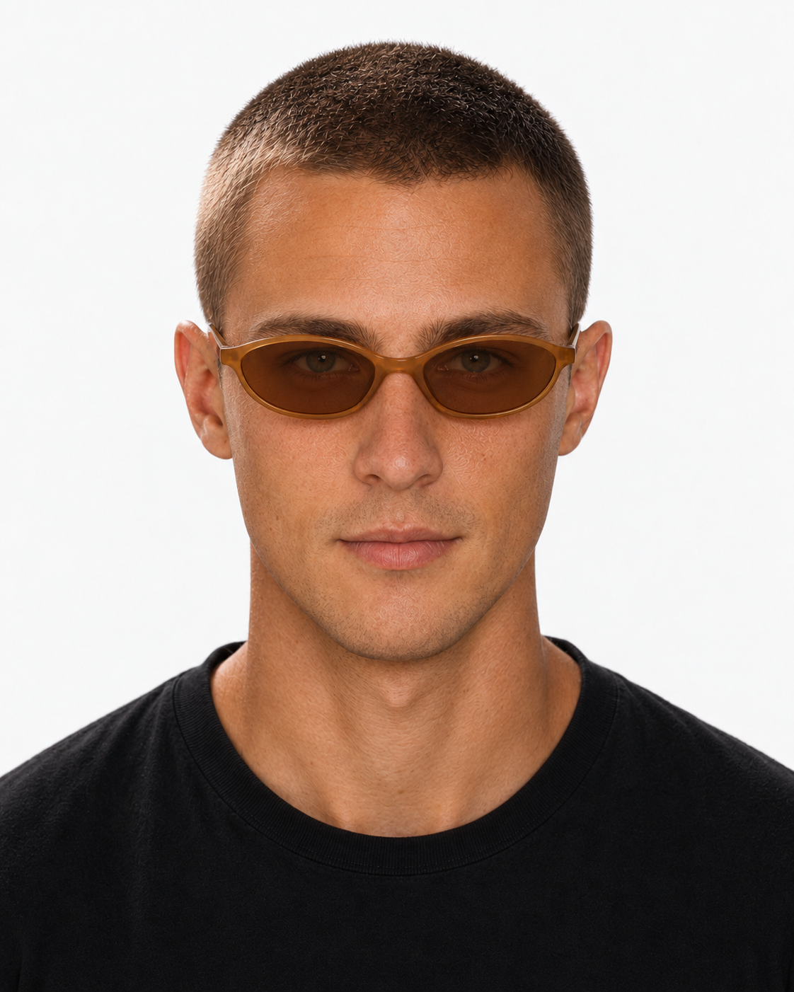 Oval Sunglasses in translucent amber with brown lenses, worn by Tyler facing forward