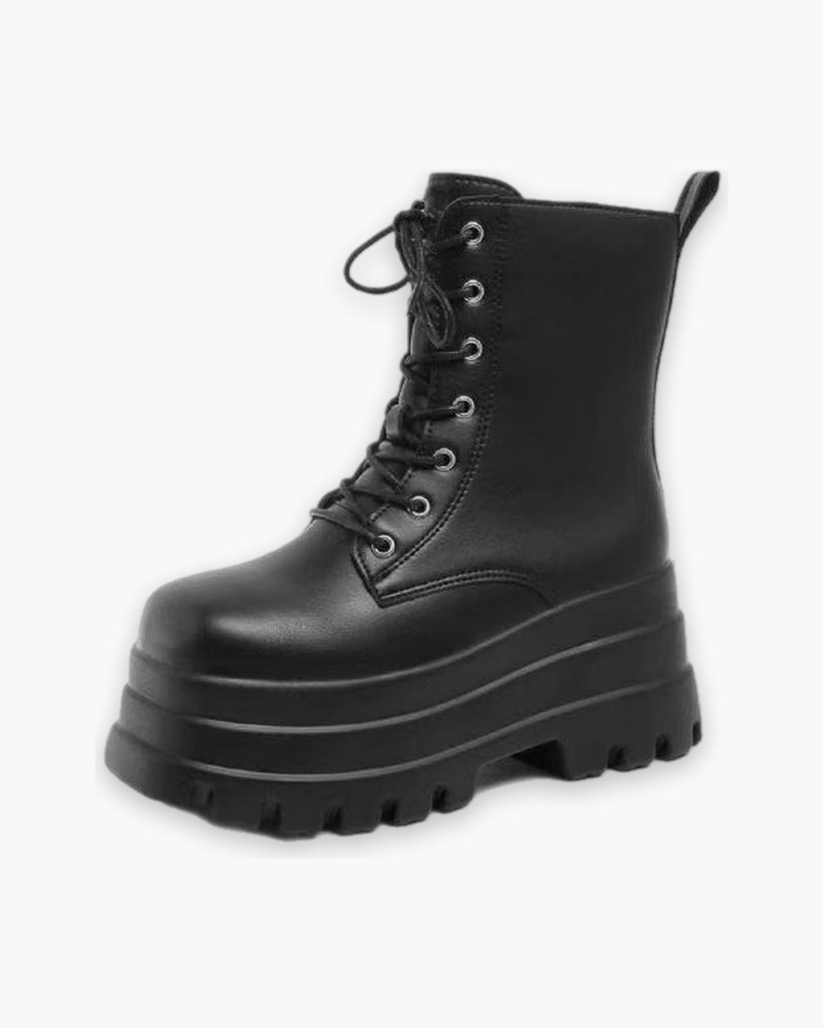 Black platform ankle boot, side view on a plain background