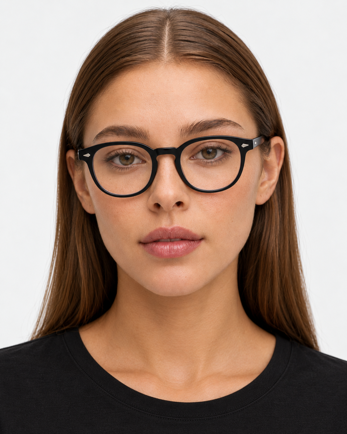 Round Blue Light Glasses with a gloss black frame, worn by a woman