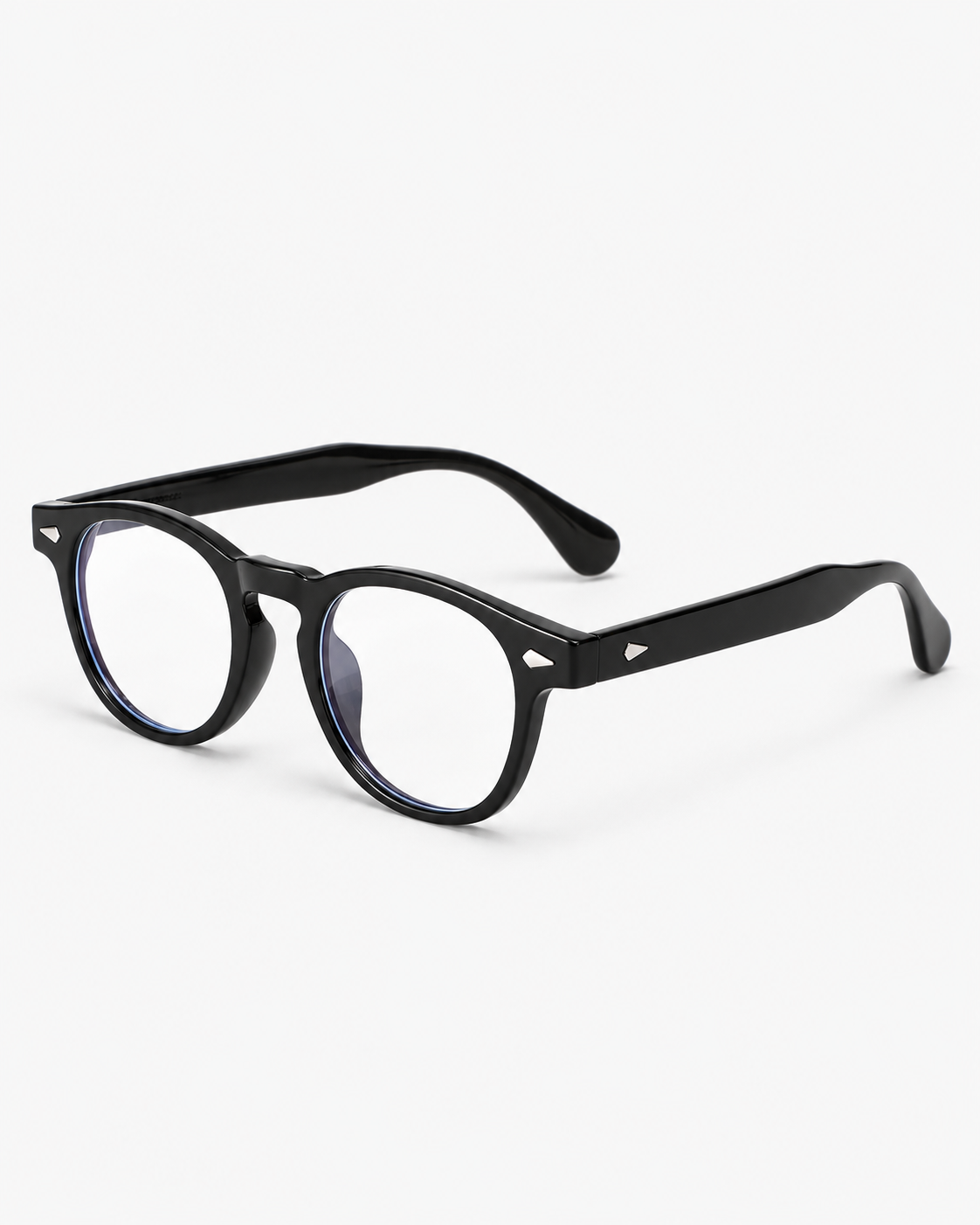 Round Blue Light Glasses with a gloss black frame, three-quarter view