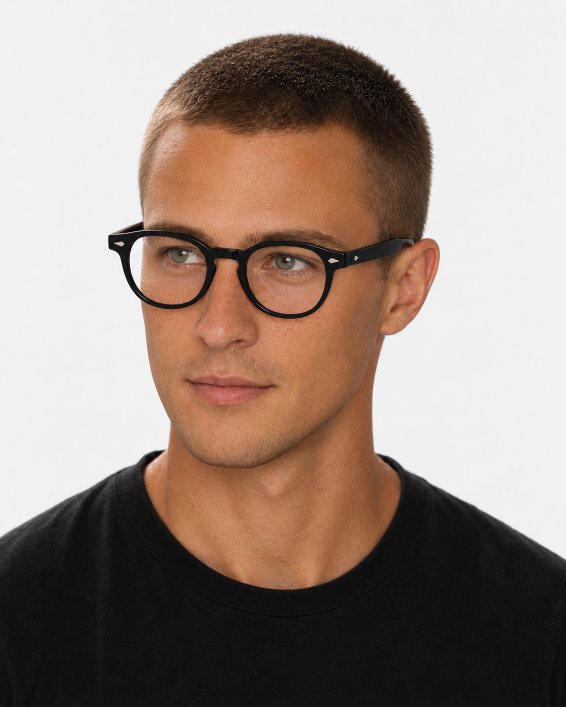 Round Blue Light Glasses with a gloss black frame, worn by a man