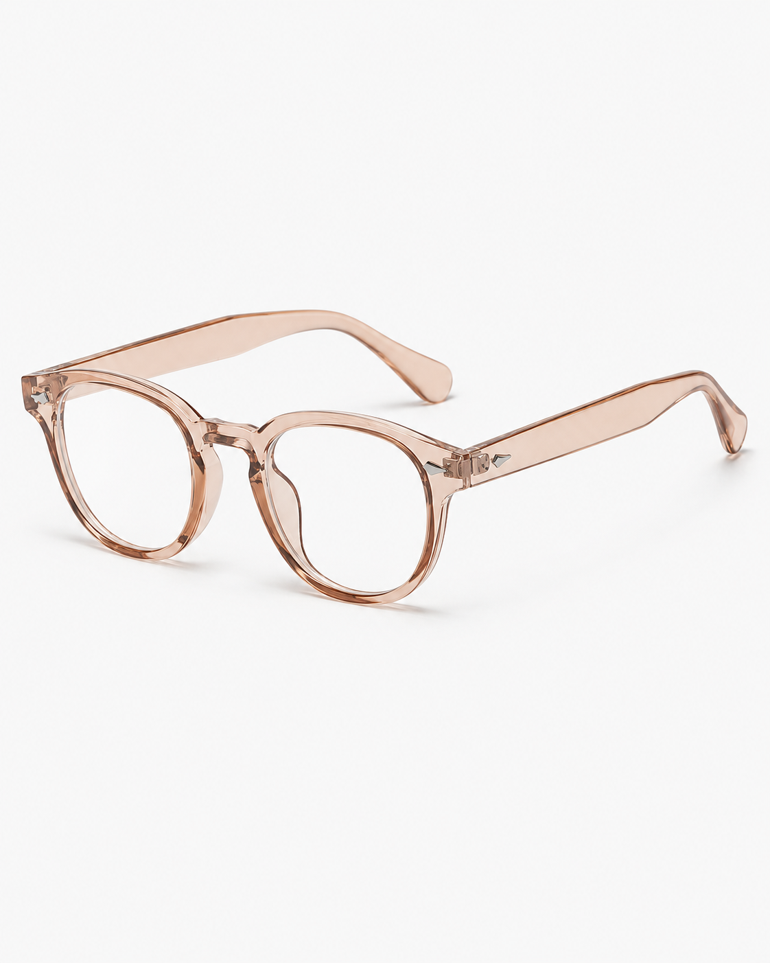 Round Blue Light Glasses with a translucent champagne frame, three-quarter view