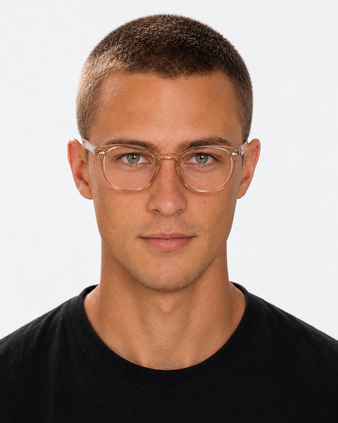 Round Blue Light Glasses with a translucent champagne frame, worn by a man