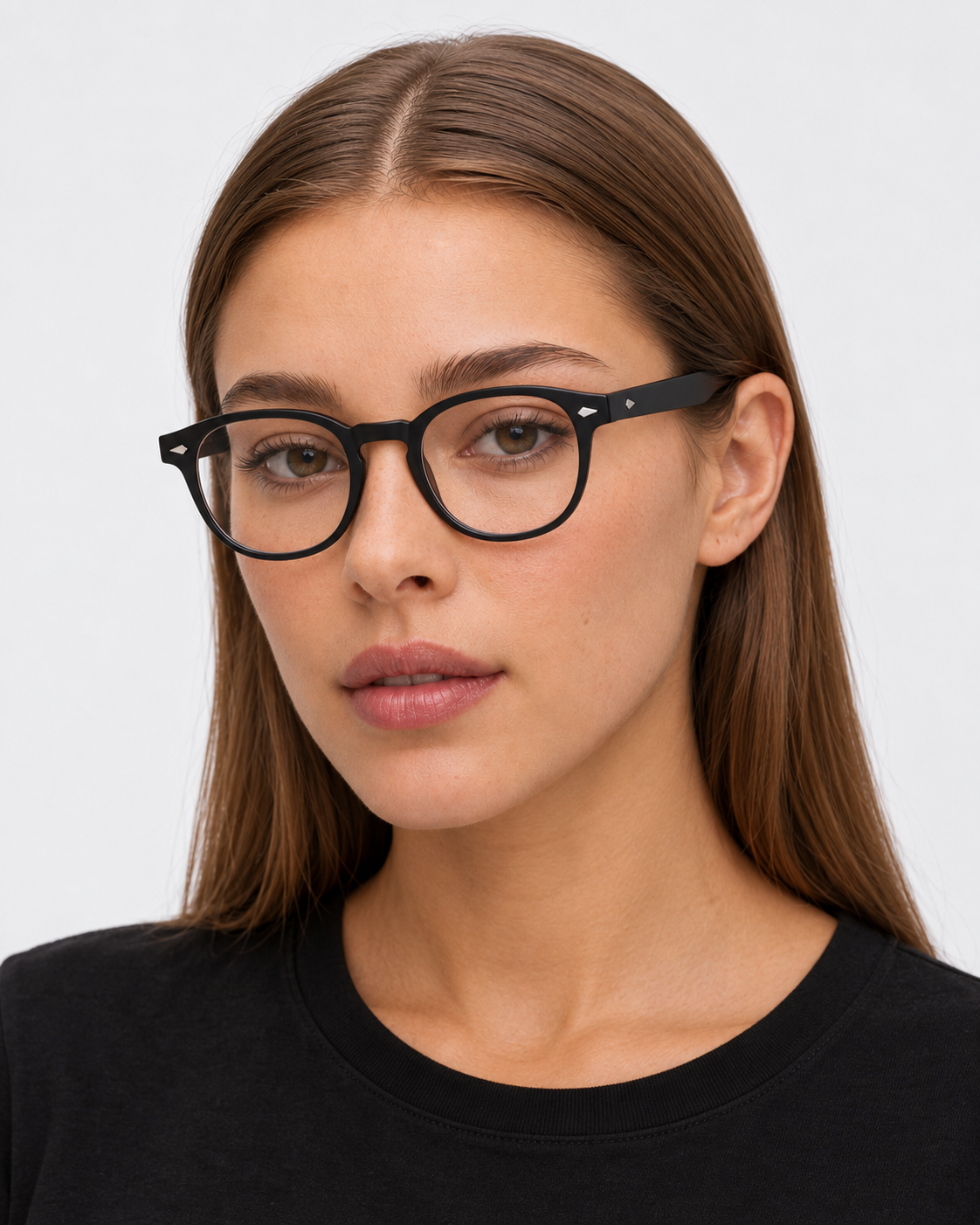 Round Blue Light Glasses with a matte black frame, worn by a woman