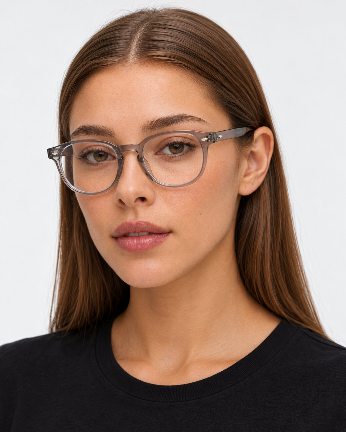 Round Blue Light Glasses with a translucent grey frame, worn by a woman