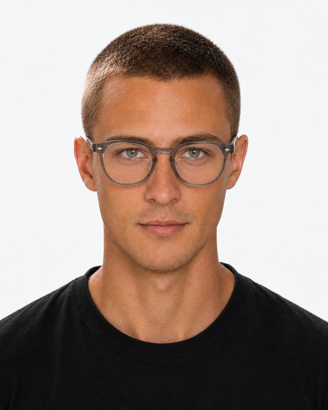 Round Blue Light Glasses with a translucent grey frame, worn by a man