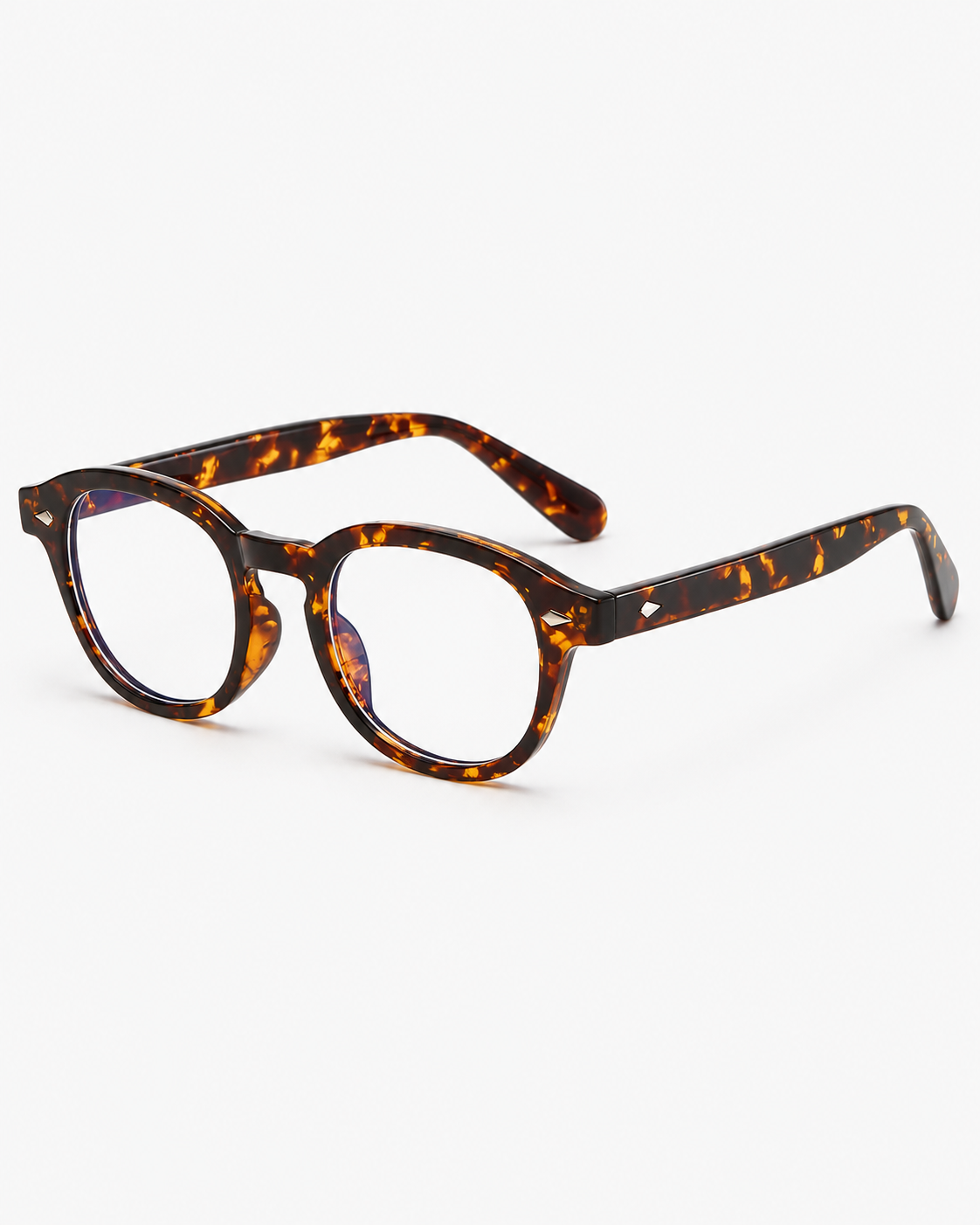 Round Blue Light Glasses with a tortoiseshell frame, three-quarter view