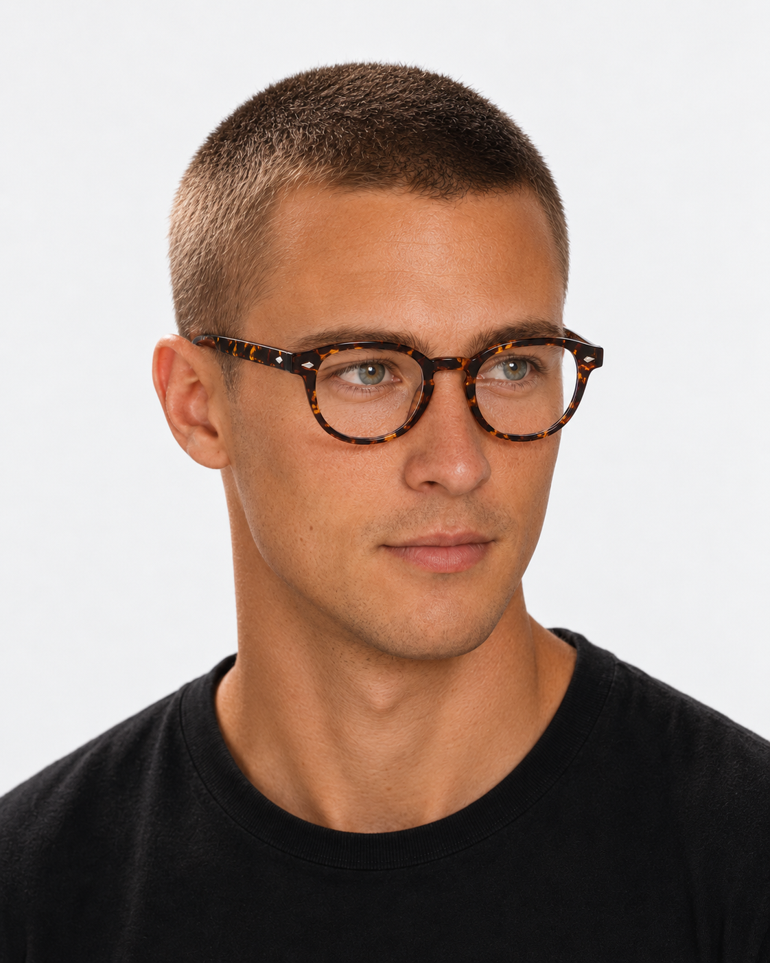 Round Blue Light Glasses with a tortoiseshell frame, worn by a man