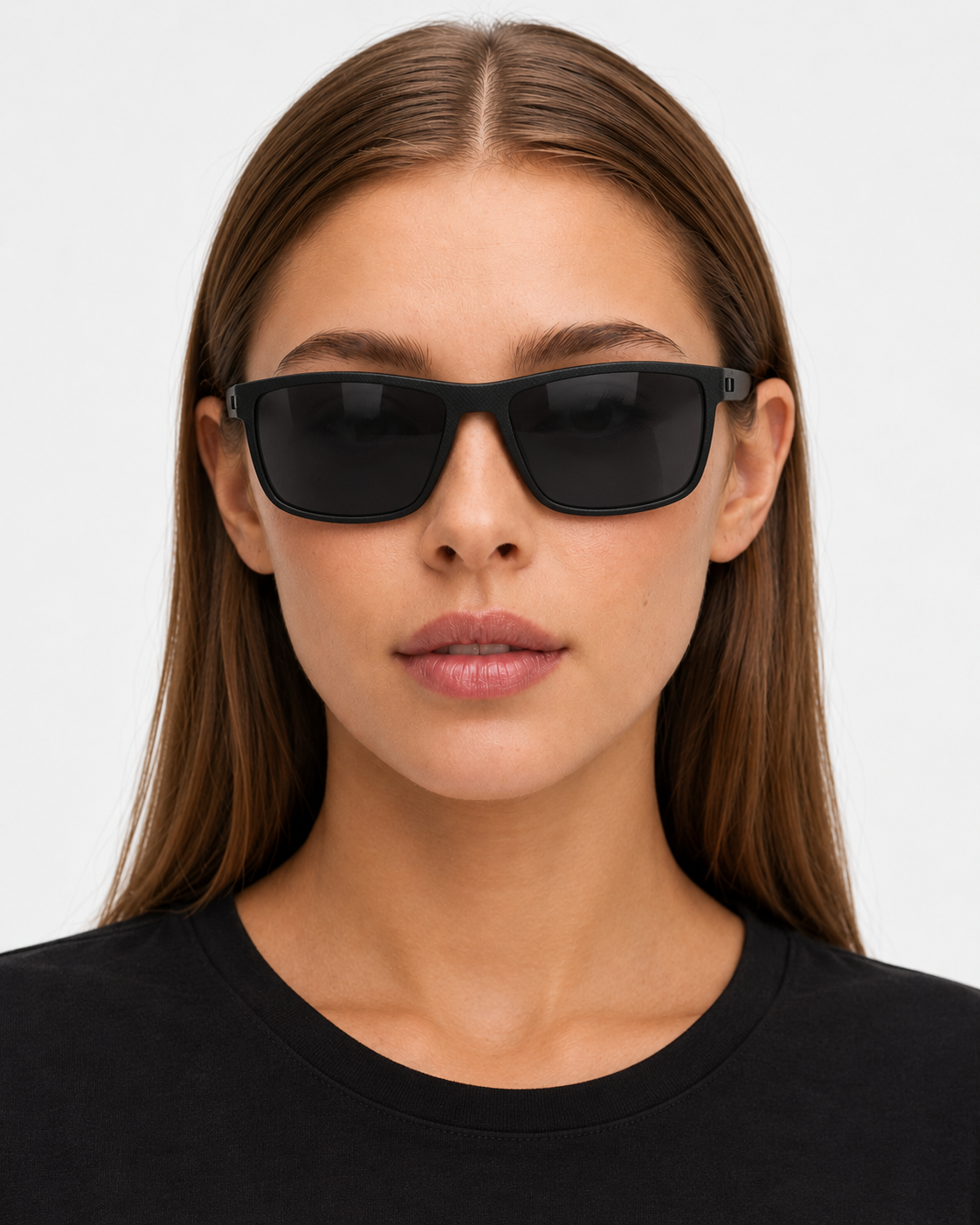 Polarized Sunglasses with a matte black frame and dark grey lenses, worn by a woman