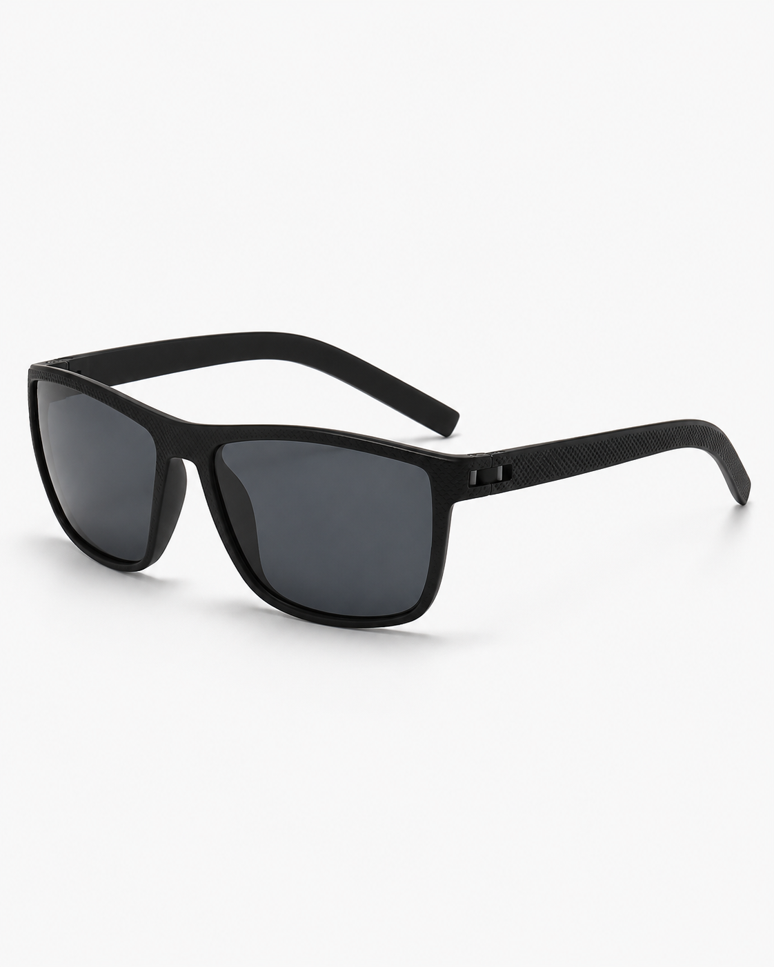 Polarized Sunglasses with a matte black frame and dark grey lenses, three-quarter view