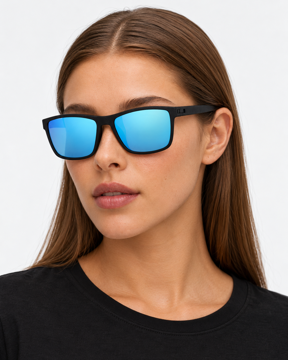 Polarized Sport Sunglasses with a matte black frame and ice blue mirror lenses, worn by a woman