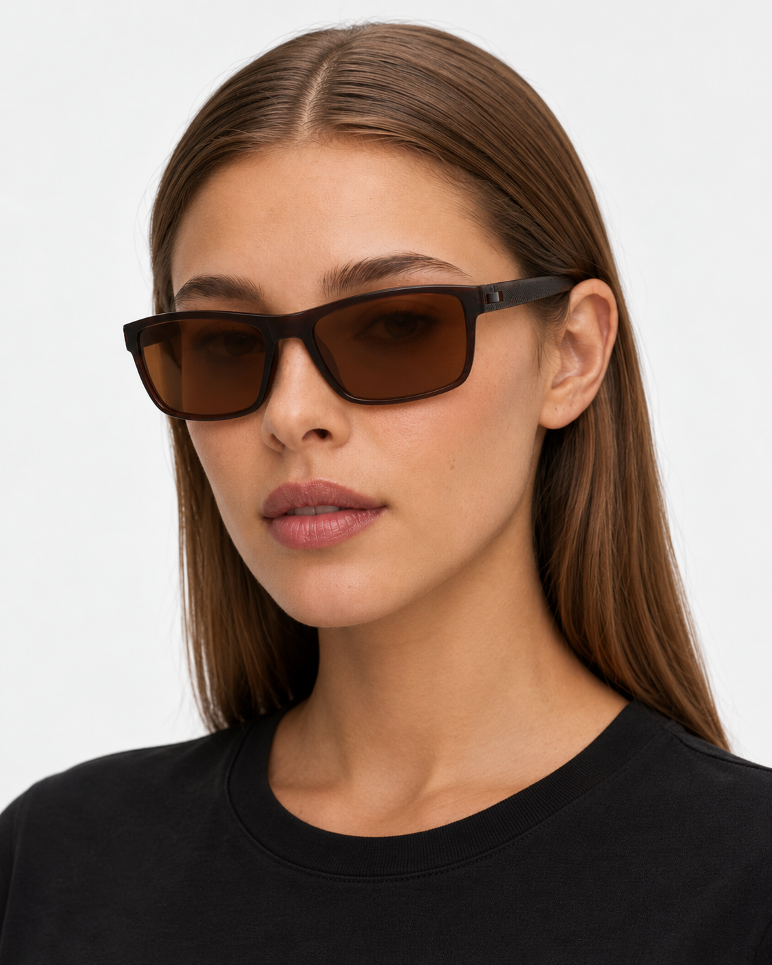 Polarized Sport Sunglasses with a brown frame and brown lenses, worn by a woman