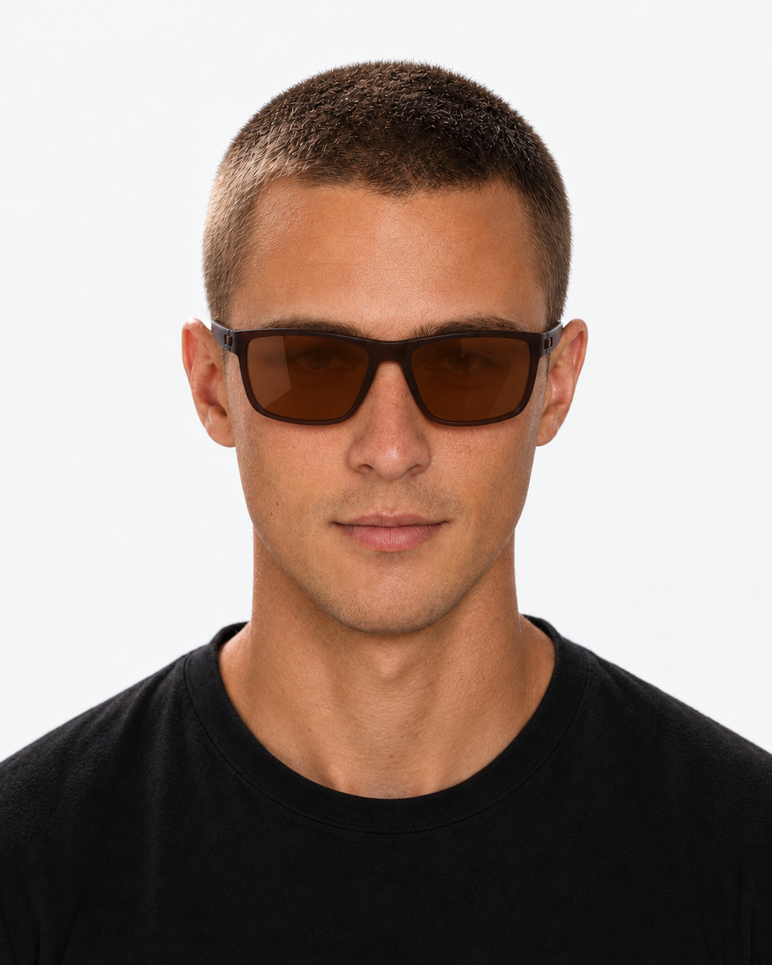 Polarized Sunglasses with a brown frame and brown lenses, worn by a man