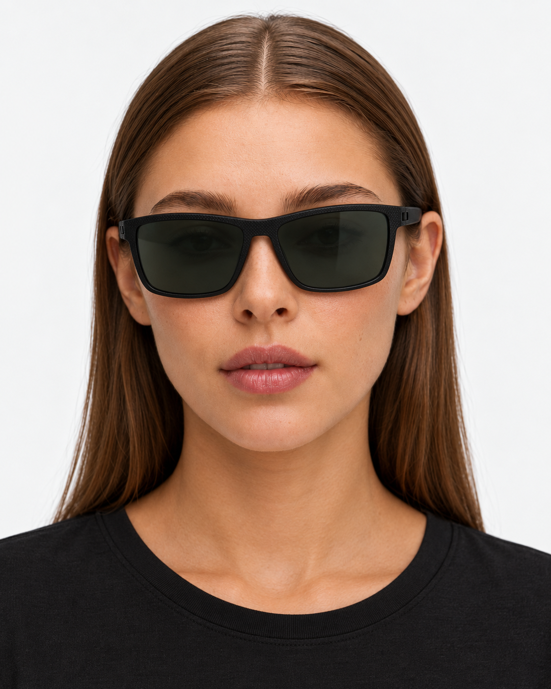 Polarized Sunglasses with a matte black frame and dark green lenses, worn by a woman