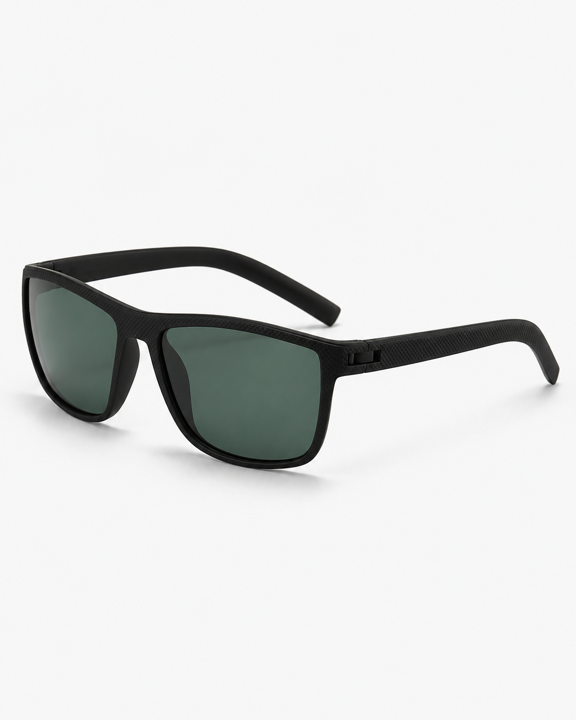 Polarized Sunglasses with a matte black frame and dark green lenses, three-quarter view