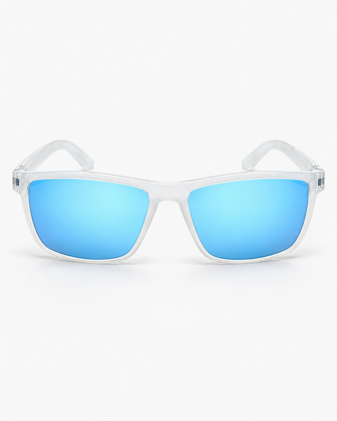 Polarized Sport Sunglasses with a frosted clear frame and ice blue mirror lenses, front view