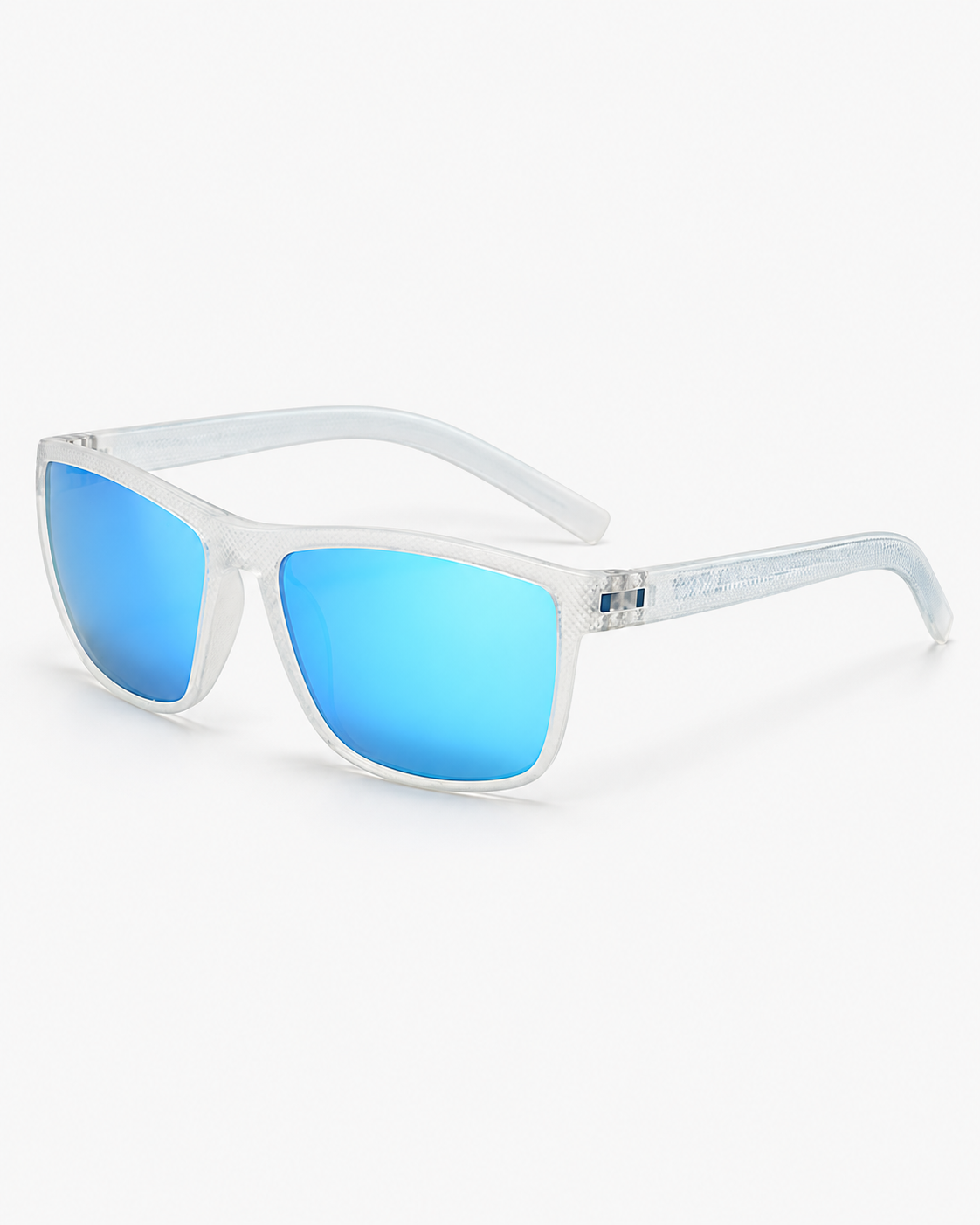 Polarized Sunglasses with a frosted clear frame and ice blue mirror lenses, three-quarter view