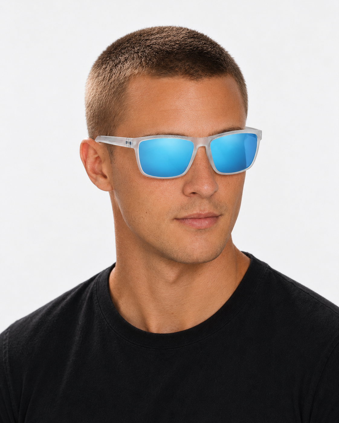 Polarized Sport Sunglasses with a frosted clear frame and ice blue mirror lenses, worn by a man