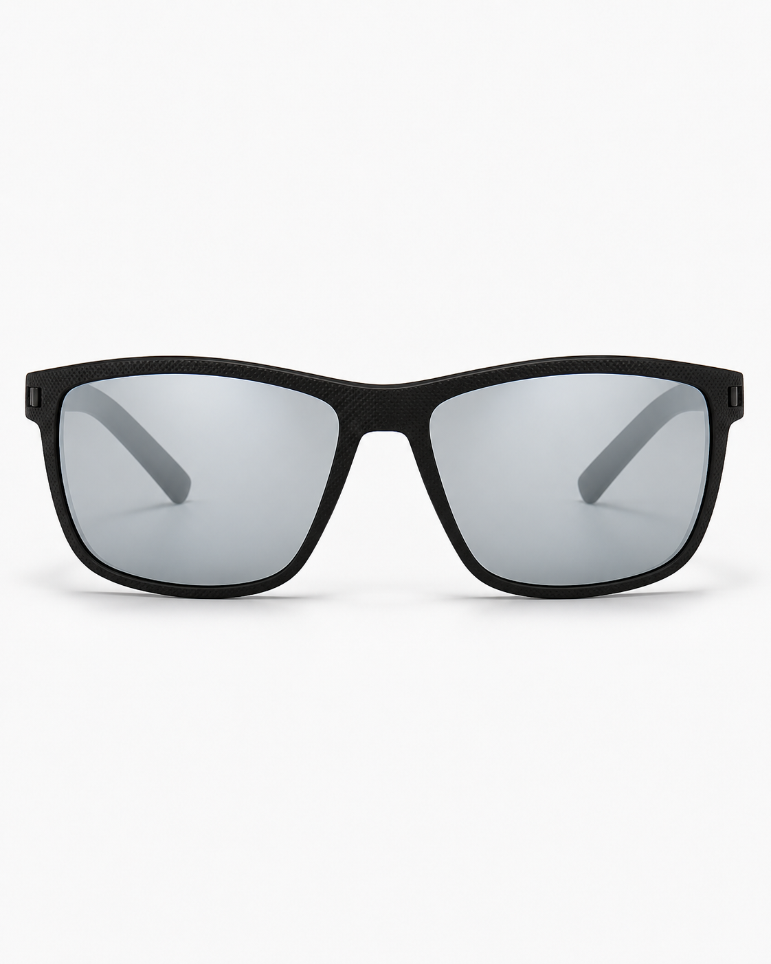 Polarized Sport Sunglasses with a matte black frame and silver mirror lenses, front view