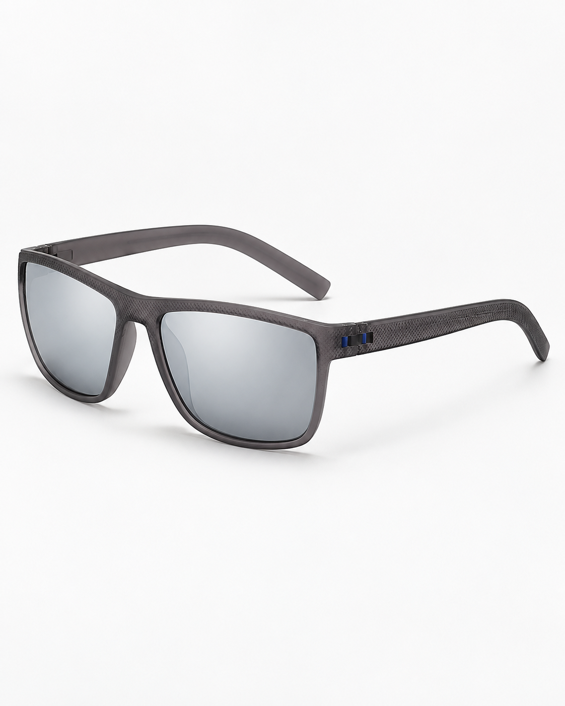 Polarized Sunglasses with a grey frame and silver mirror lenses, three-quarter view