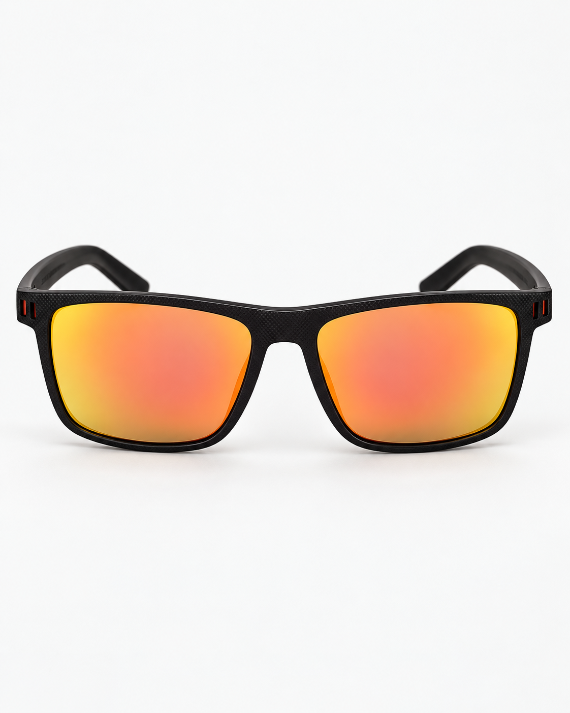 Polarized Sunglasses with a matte black frame and orange red mirror lenses, front view