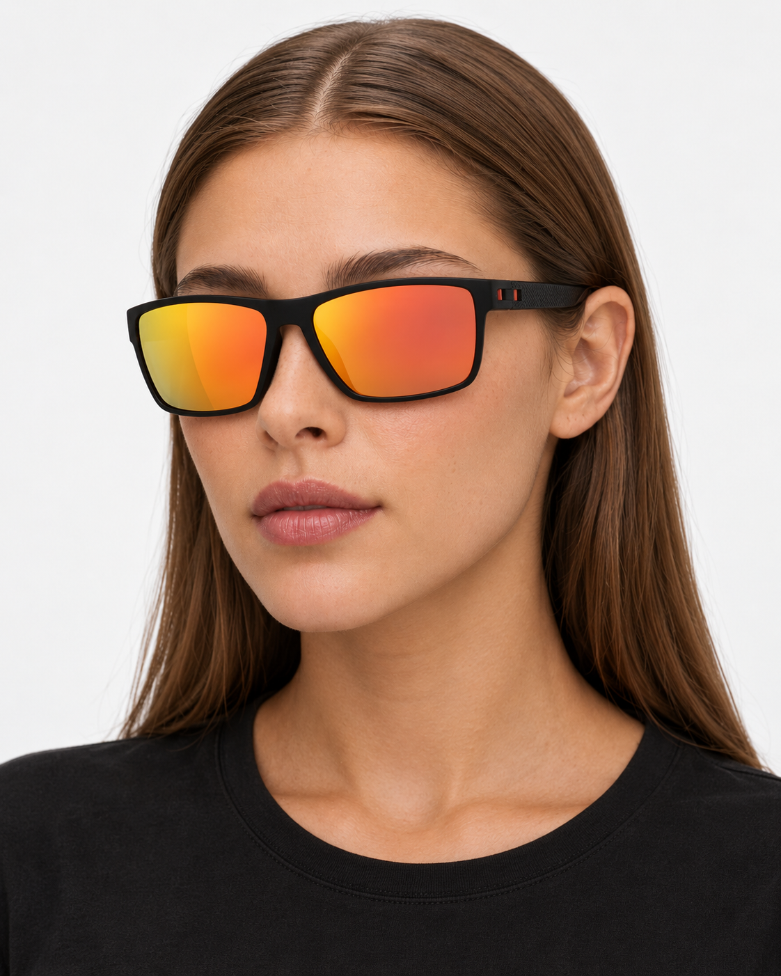 Polarized Sunglasses with a matte black frame and orange red mirror lenses, worn by a woman