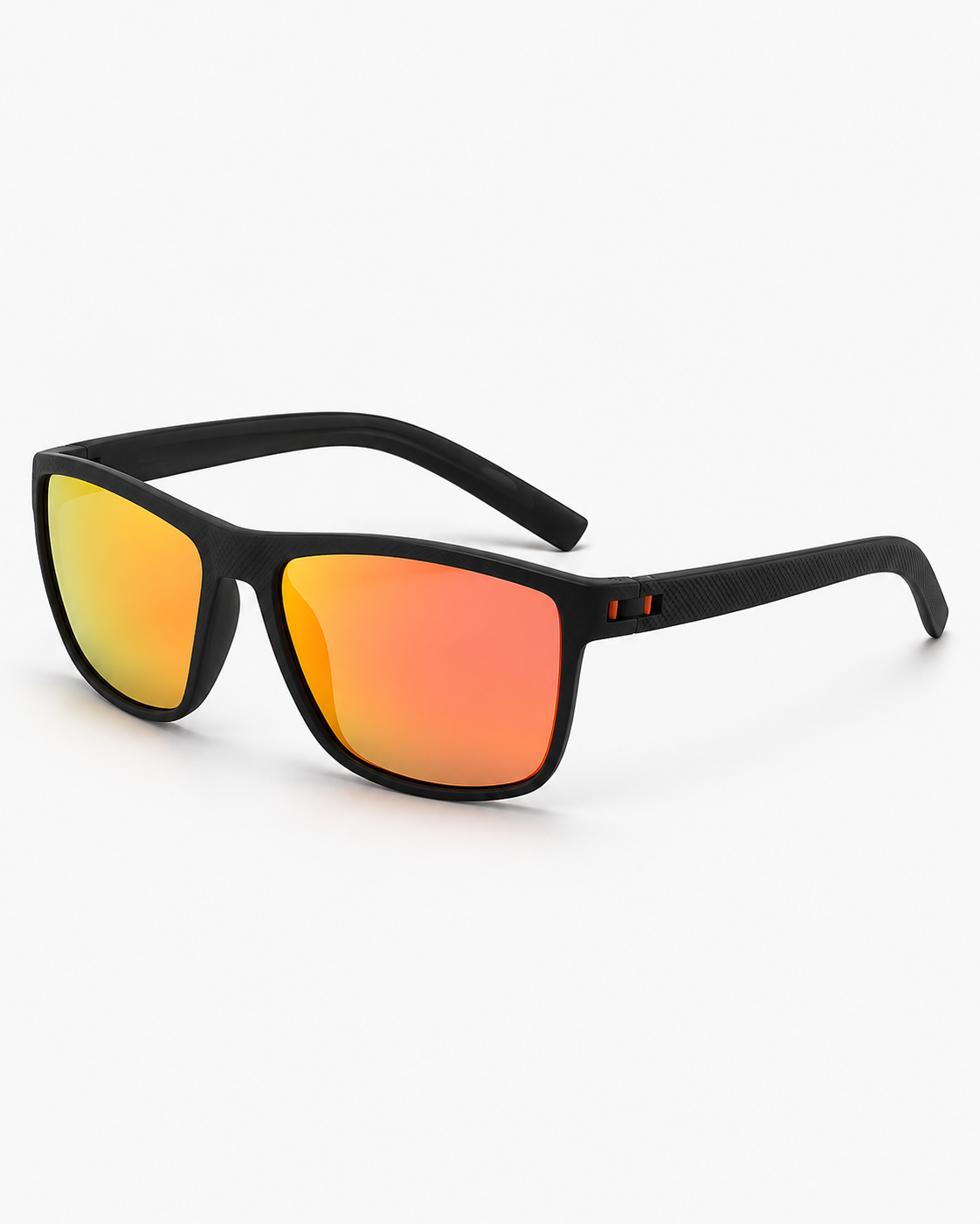 Polarized Sunglasses with a matte black frame and orange red mirror lenses, three-quarter view