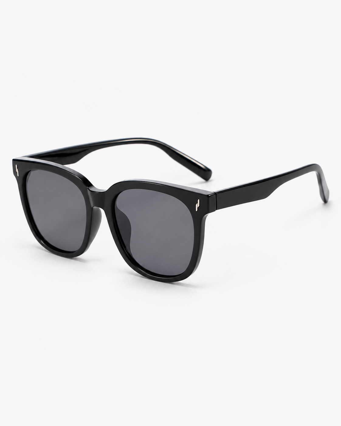 Oversized Square Sunglasses with a gloss black frame and grey lenses, three-quarter view