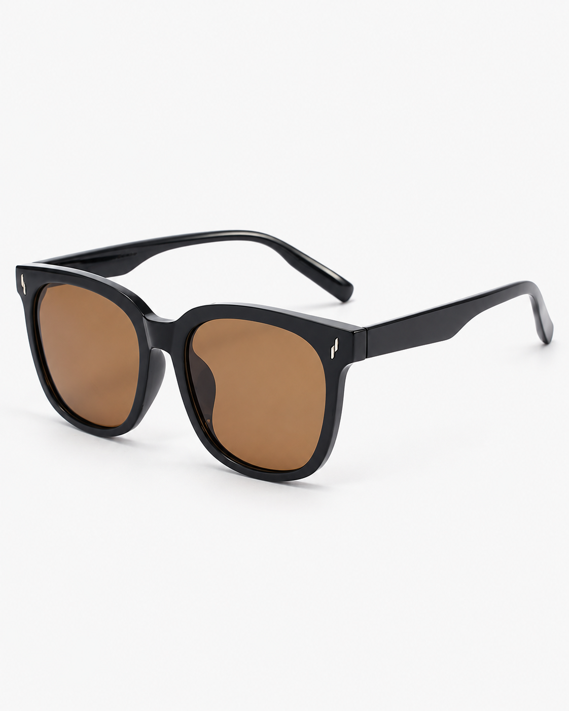 Oversized Square Sunglasses with a gloss black frame and brown lenses, three-quarter view