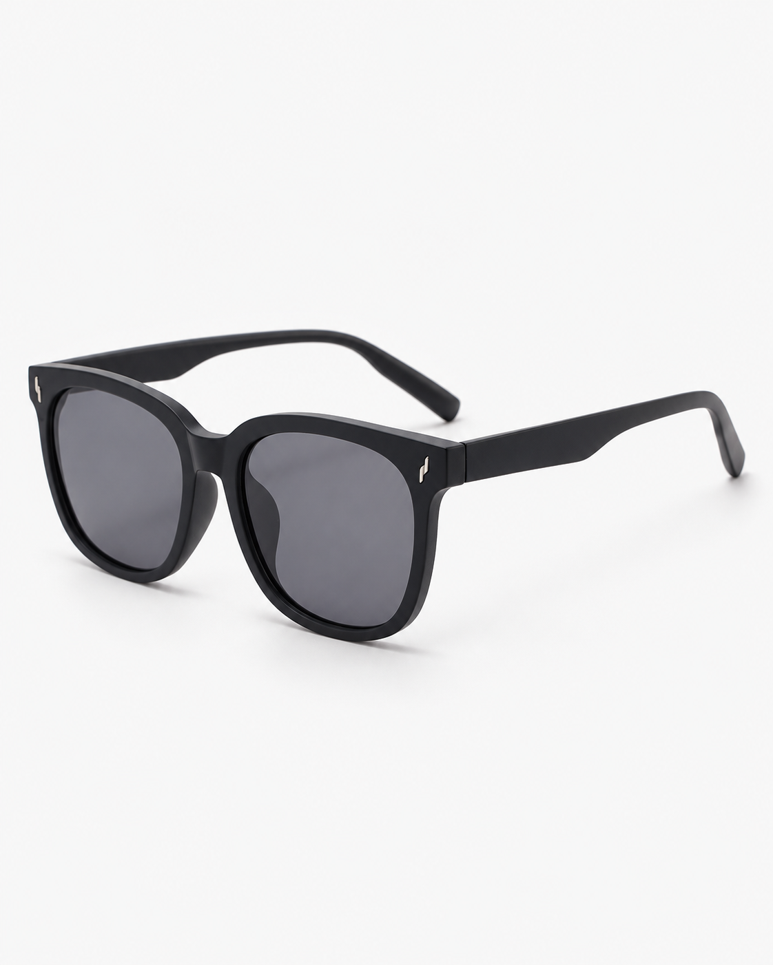 Oversized Square Sunglasses with a matte black frame and grey lenses, three-quarter view
