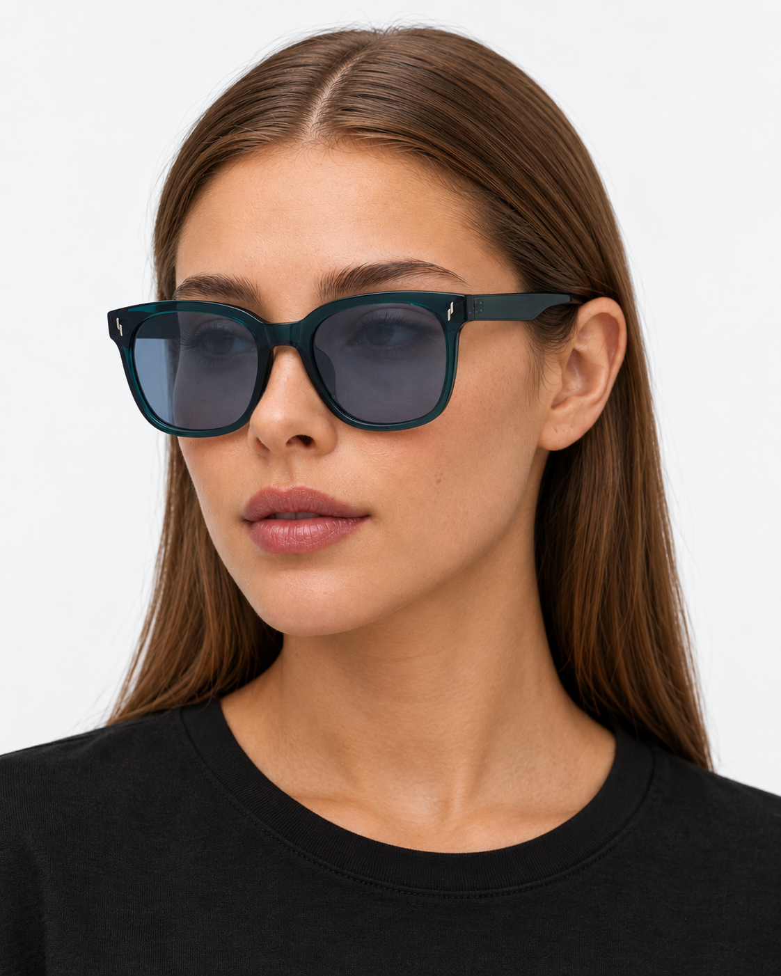 Oversized Square Sunglasses with a translucent teal frame and grey lenses, worn by a woman