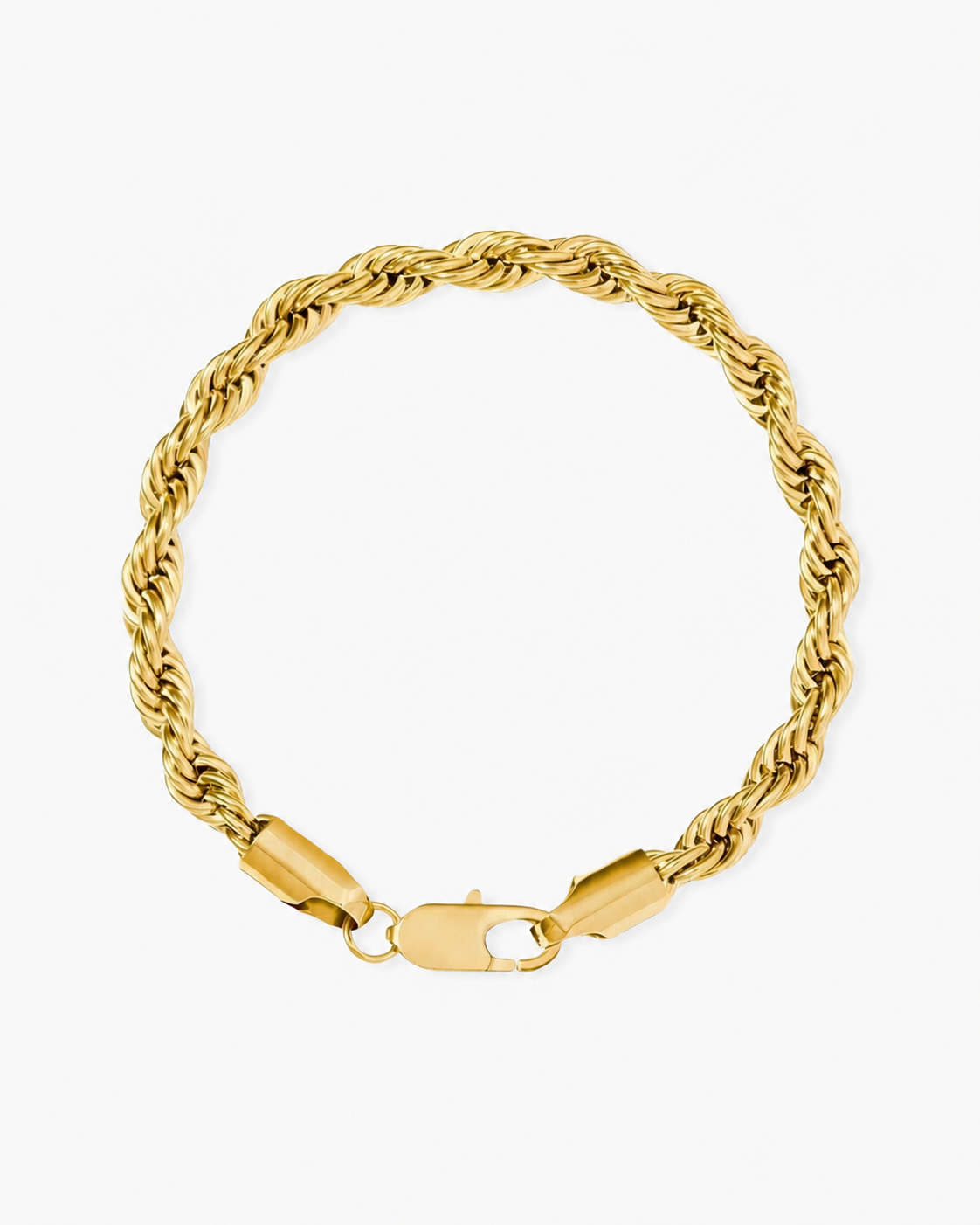Gold 5 mm rope bracelet with lobster clasp on a near-white background