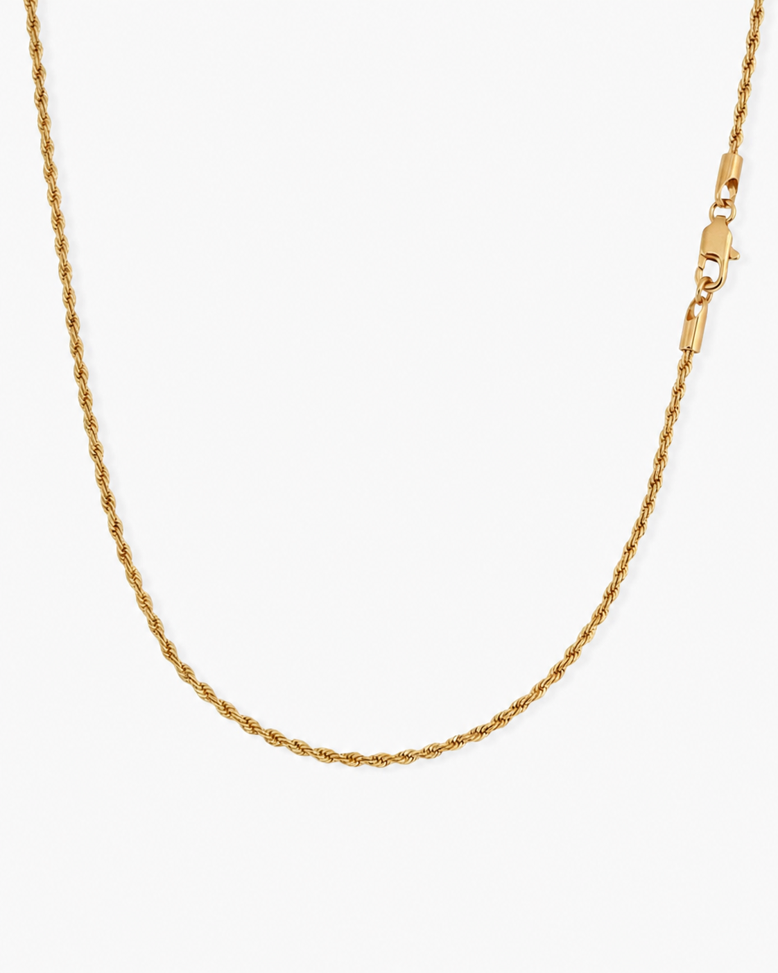 Gold 2 mm rope chain with lobster clasp on a near-white background