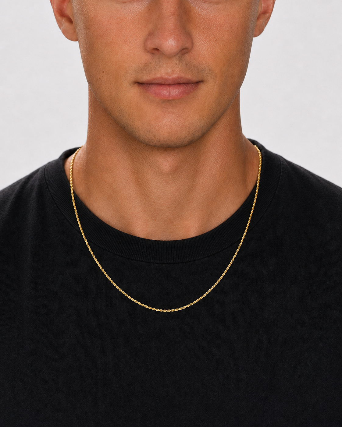 Gold Rope Chain 2 mm worn by Tyler, straight front view