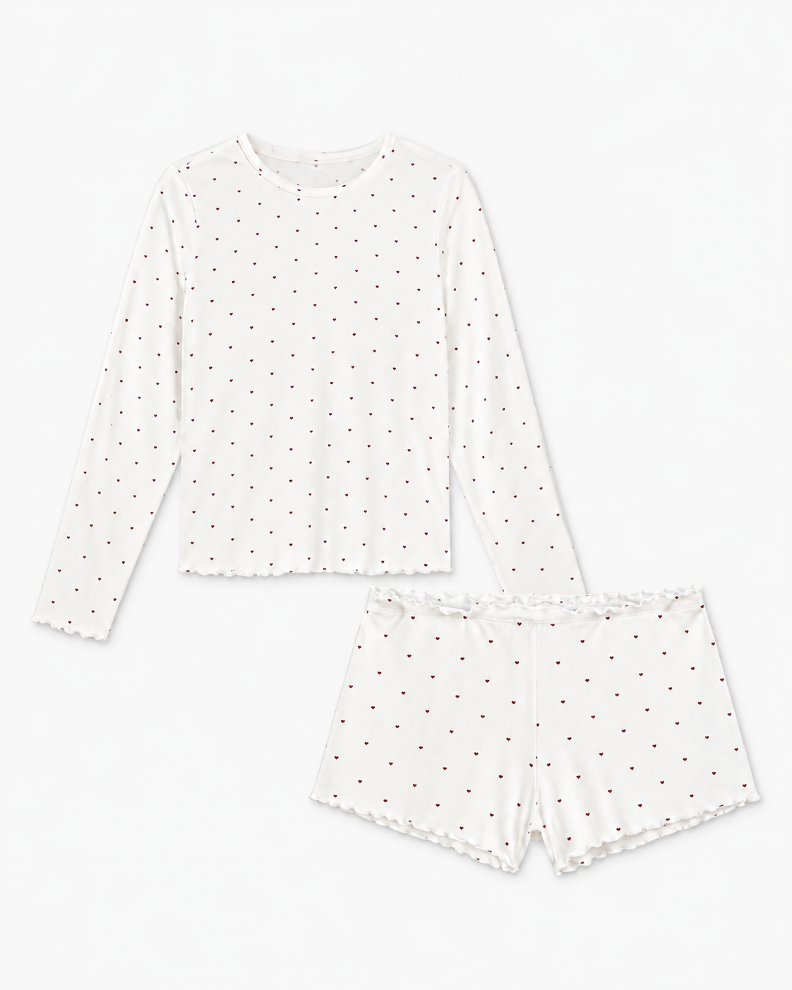 White heart-print ruffle jersey sleep set, top and shorts shown flat
