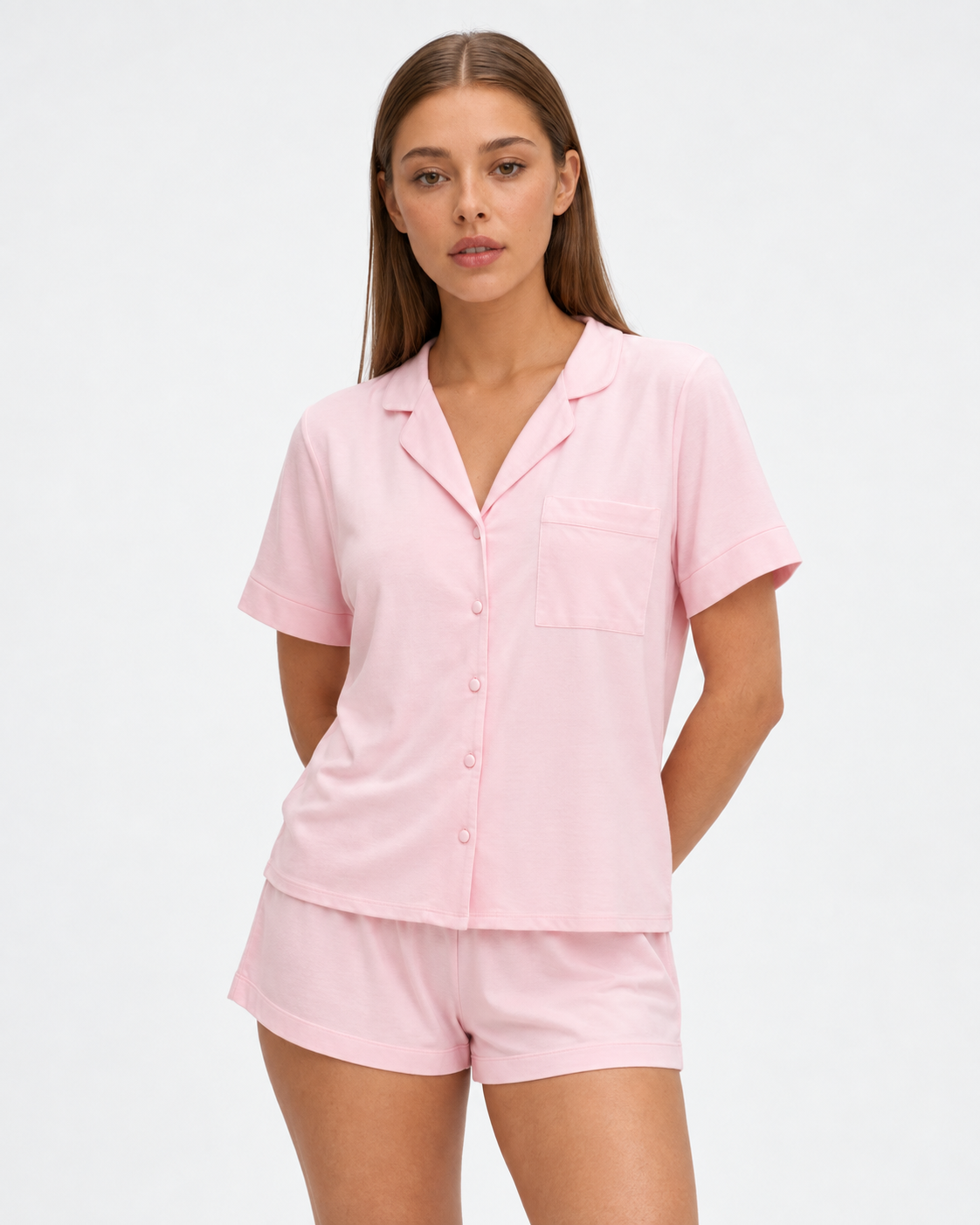 Sara wearing the Short Pajama Set in pink, closer front view