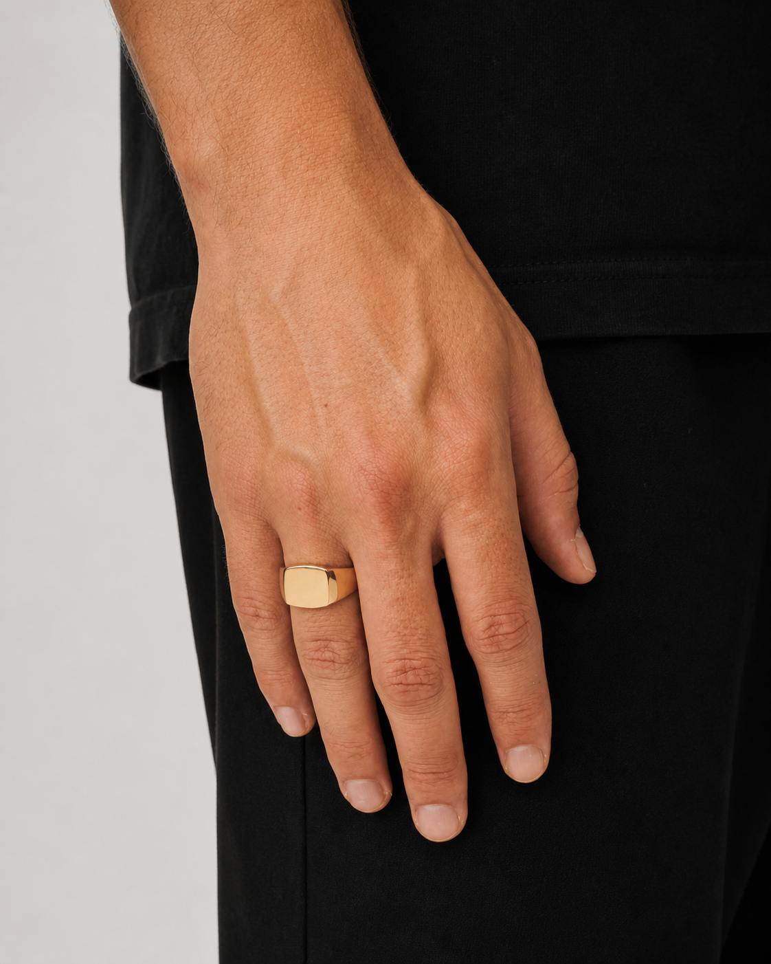 Gold Square Signet Ring worn on Tyler's hand