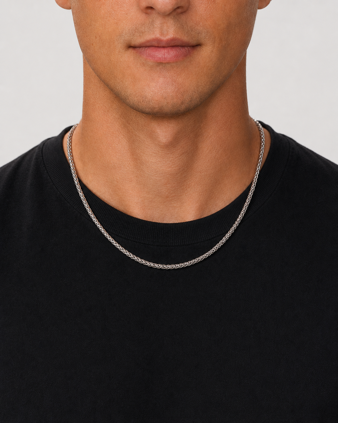 Silver Wheat Chain 3 mm worn on model